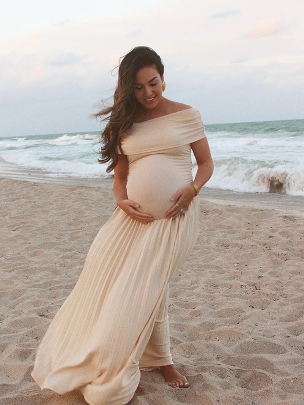 Off-Shoulder Cream Maternity Maxi Dress